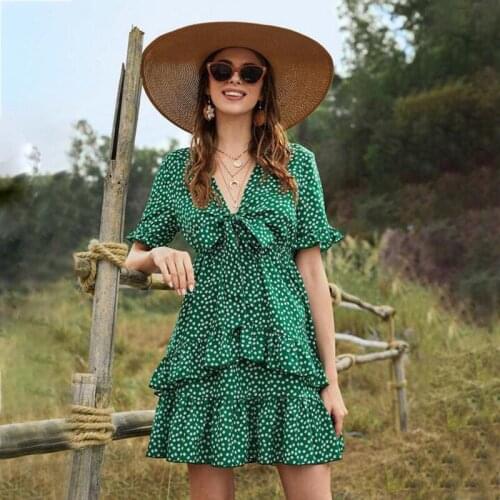 2021 New Ladies Sexy Summer Ruffles V-neck Print Dress Women Casual Short Sleeve Green Mini Dress Women Fashion Clothing