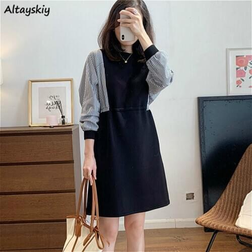 Big Size 3XL Dress Women Vintage Chic Ulzzang Simple Patchwork Long Sleeve Ladies Fashion Spring Loose Chic Lovely Girls Vestido
