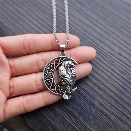 12pcs Crescent Moon Viking Crow Pendant Necklace With Card Odins Raven Withcraft Jewelry