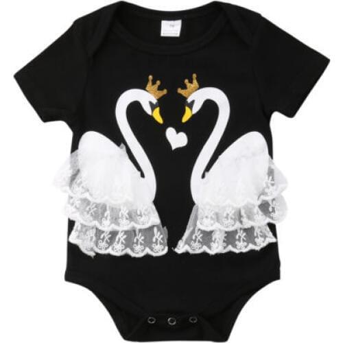 2018 Cute Infant Baby Girls Swan Short Sleeve Bodysuit Jumpsuit Lace Sunsuit Clothes Size 0-18M