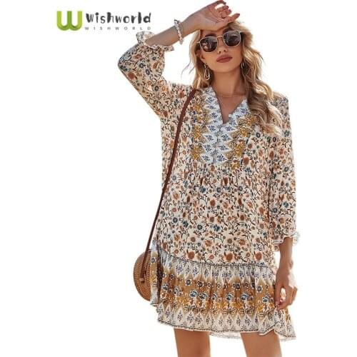 2021 Spring New V-neck Lotus Sleeve Loose Bohemian Print Dress Fashion Women Retro National Style Sundress Party Club Dress