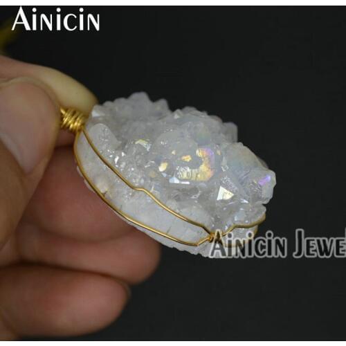 5pcs High Quality Natural Drusy Crystal Rainbow Color Plated Gold Twine Wired Pendants Fashion Women Jewelry Findings