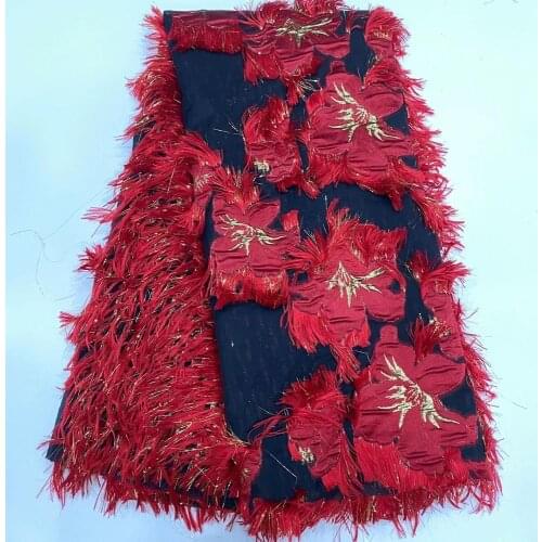 5yards/pc) Fancy African brocade tulle lace red jacquard lace fabric with fur looking tassels for party dress FZZ1047
