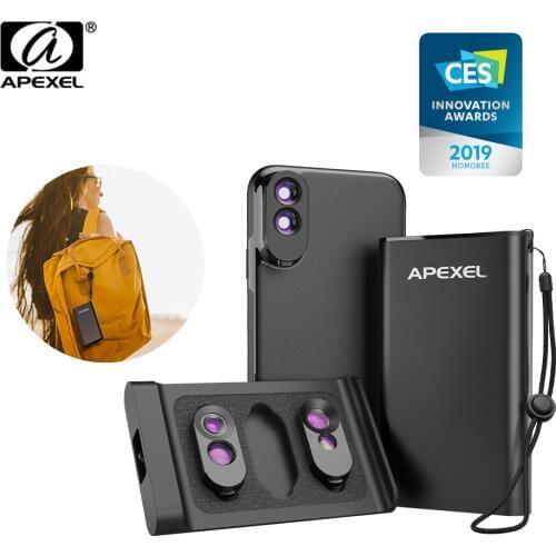 APEXEL 3 in 1 Lens Case Set Wide Angle Telephoto Dual Macro Camera Lens With PU Leather Phone Case Kit For iPhone X,XS,XS Max