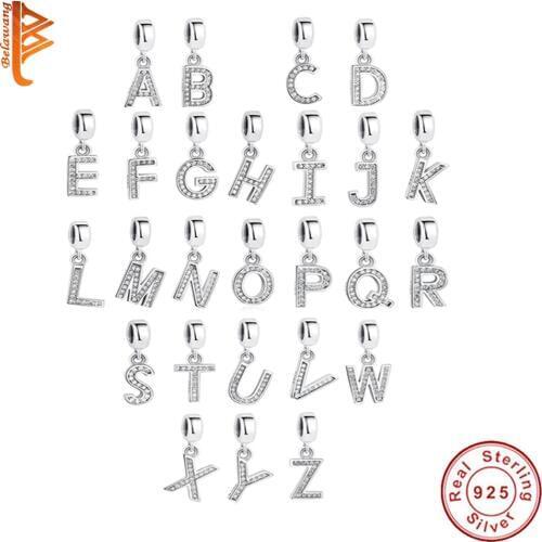 BELAWANG Real 925 Sterling Silver jewelry A to Z Jewelry Clear CZ Alphabet Letter Bead Fit Charm Bracelet For Women DIY Gift