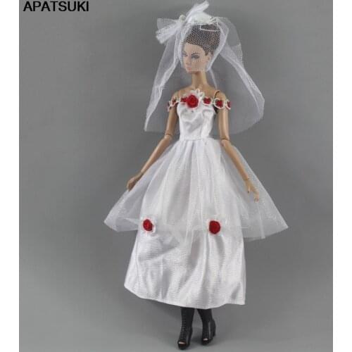 White Fashion Doll Wedding Dress for Barbie Doll Outfits Clothes Red Rose Party Gown + Veils 1/6 BJD Dolls Accessories Toys