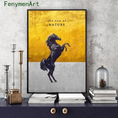 Black Mane Horse Golden Background Canvas Painting Nordic Horse Racing Poster Print Luxurious Wall Art Picture Room Home Decor