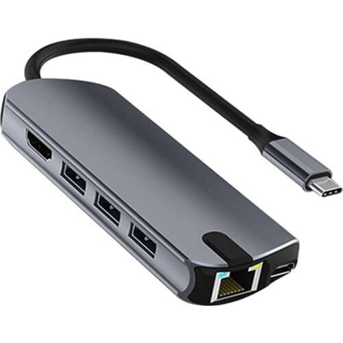 8-in-1 Type-C Hub to Gigabit Wired Network Card Docking Station 3-Port USb+PD Fast Charge+TF+SD+ Compatible HDMI