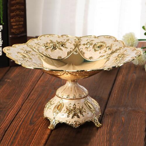 European Rose Flower Branch Design Shiny Gold Plating With White Hand Enameled 24cm Diameter Table Footed Zinc Alloy Fruit Tray