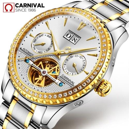 CARNIVAL 2019 new watch men waterproof Automatic Luminous men watches top brand luxury skeleton clock men leather erkek kol saat