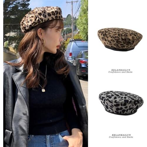 Korean Style Leopard Retro Beanie Berets Warm Winter For Women Lady Plain Hats Caps Artist Woman Wide Elegant Vintage Caps