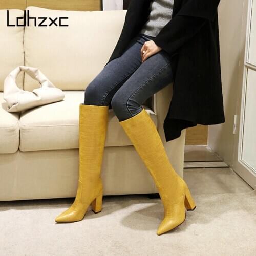 LDHZXC Plus Size 34-48 Knee High Boots Women New Design Warm Winter Shoes Women Fashion High Heel Boots Woman Western Footwear
