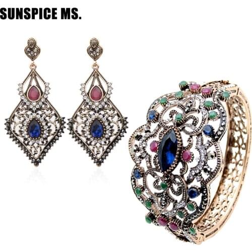 Ethnic Palais Jewelry Sets Turkish Wedding Hollow Flower Vintage Bracelet Bangle Cuff Sets Long Hook Blue Resin Dangle Earrings