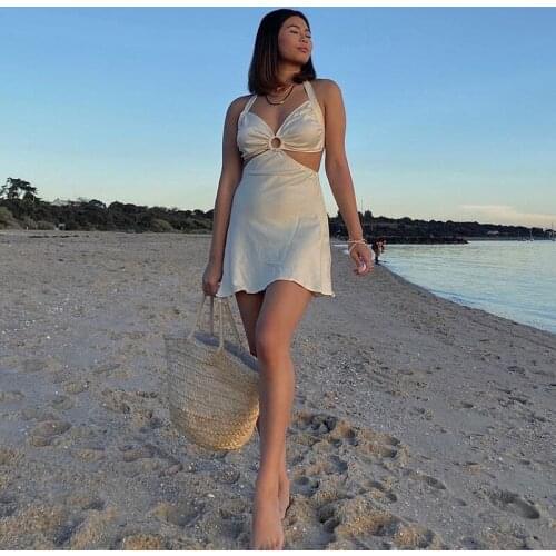 Dresses Woman Summer 2021 Mini Sexy Club Tight Backless Beach Party Prom Strappy Dress V Neck Hollow Out Halter Simplee Sundress