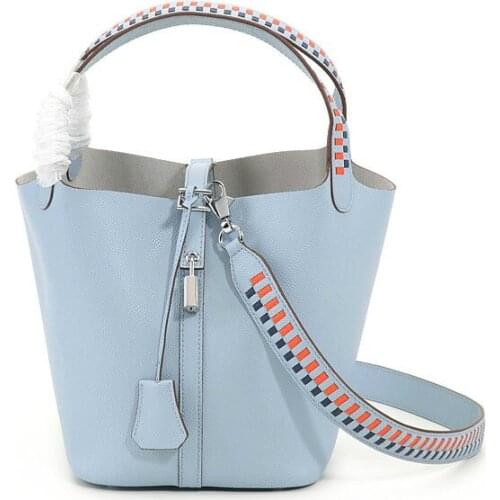2021 New Woven Bag Leather Vegetable Basket Bag Bucket Bag Top Layer Leather Single Shoulder Handbag