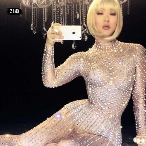 AB Rhinestone pearl Crystal Jumpsuit women Nightclub Pole Party Singer Jazz Dance Stage Costume carnival rave festival designer
