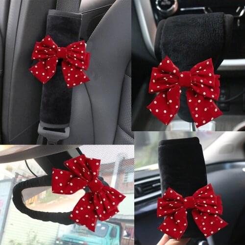 Cute Red Dot Bowknot Universal Car Gear Shifter Handbrake Cover Mirror Case Plush Seat Belt Pad Women Auto Interior Accessories