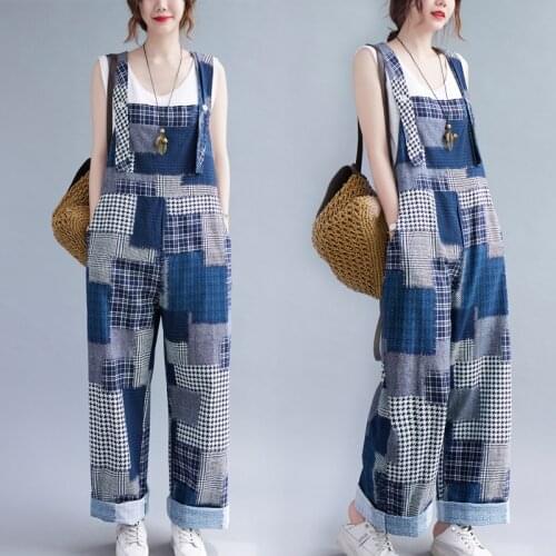 Fashion Mixed Color Women Plaid Jumpsuits Rompers Comfortable Cotton Linen Summer Patchwork Strap Overalls Pockets Long Pants