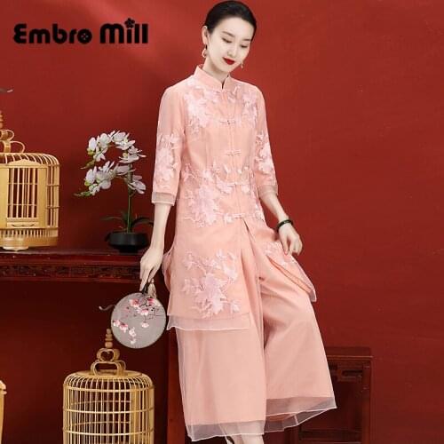 Chinese Style Spring And Summer Female Organza Embroidery Three Quarter Sleeve Top + Wide Leg Pants Two-Piece Suit M-XXL