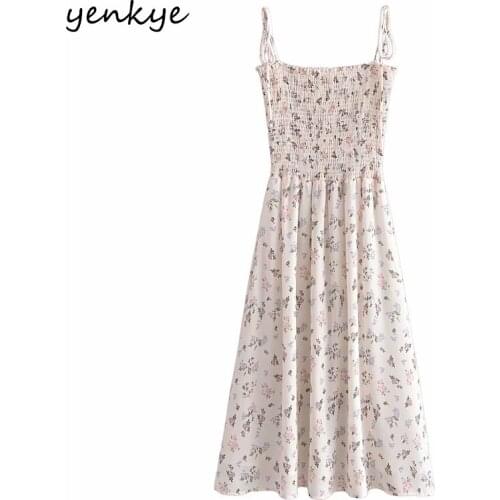 YENKYE Summer Sexy Sling Dress Women Vintage Prairie Chic Floral Print Dress Female Sleeveless Midi Holiday Chiffon Vestido