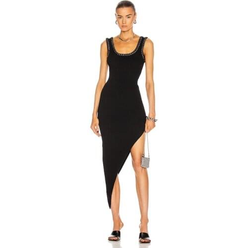 Celebrity Bandage Dress Black Sexy Square Collar Sleeveless Slim Split Knee Length Bandage Dress Elegant Night Club Party Dress
