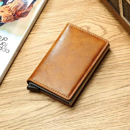 Wallet Men RFID Aluminum Alloy Card Case Retro Solid Color Texture Buckle Pocket Wallet Western Style Leather Clutch Purse