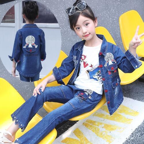 Childrens wear girls' cowboy suit spring and autumn clothing 2019 girls students denim two sets 3 year to 8 year girl jeans set