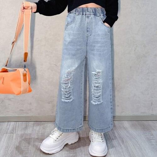 Teenage Girls Jeans Spring Summer Casual High Waist Kids Loose Straight Leg Wide Pants School Children Trousers 6 8 10 12 14Year