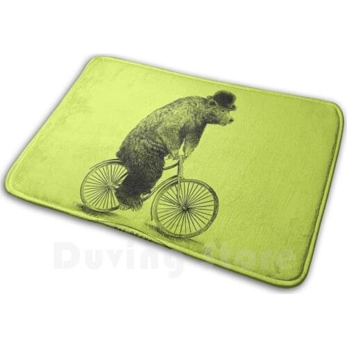 Bears On Bicycles ( Lime Option ) Mat Rug Carpet Anti-Slip Floor Mats Bedroom Bear Bicycle Vintage Lime Green Bowler Hat Cute