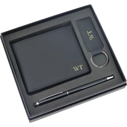 Hot Selling Customized Letters Genuine Leather Men Wallet Bifold Money Wallet Purse Keychain Gift set with Box