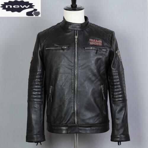 Fashion Slim Motorcycle Genuine Jacket Men Black Sheepskin Coats Mens Zipper Stand Collar Biker Leather Coat Male