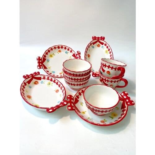 Tableware Red Butterfly Set lovely girl heart rice bowl plate creative bowl and dish combination household underglaze color
