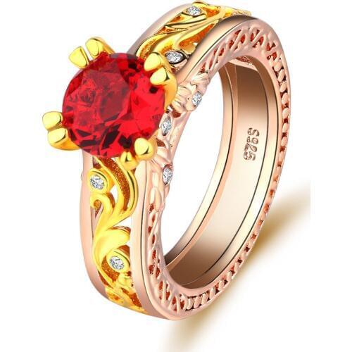 Red Zircon Engagement Rings for Women Rose Gold Color 925 Silver Wedding Rings Female Flower Vine Shape Crystals Fashion Jewelry