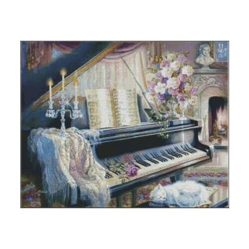 Oneroom Top Quality lovely beautiful counted cross stitch kit piano flower white cat kitty candle