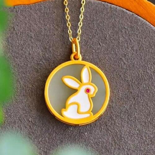 Natural Hetian jasper rabbit pendant necklace Chinese style retro unique ancient gold craft charm womens brand jewelry
