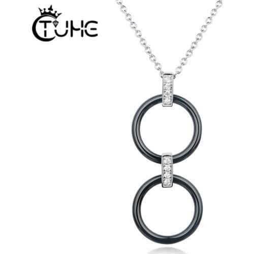 Women Geometric Pendant Necklace for Women Circle Shape Bling Rhinestone CZ Elegant Healthy Ceramic Necklace Chain Mother Gift