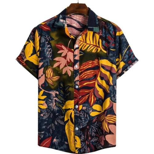 Summer Stand Collar Short Sleeve Harajuku Men Shirt Fashion Vintage Men Hawaiian Blouse Quality Loose Casual Beach Henley Shirt
