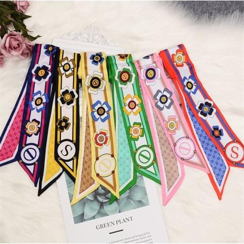Flower Print Luxury Brand Scarf Women Silk Scarf Bag Skinny Scarves Design Foulard Neckerchief Headband For Ladies B78