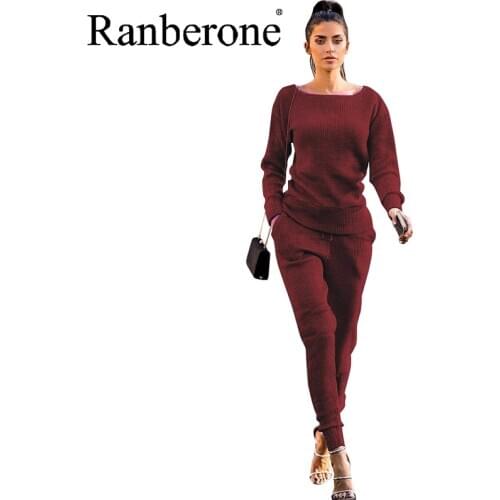 Ranberone 2 Piece Tracksuit Women Round Neck Sweatshirt + Tight Trousers Sweatpants Stripe Solid Color Suit Women Sport 2021