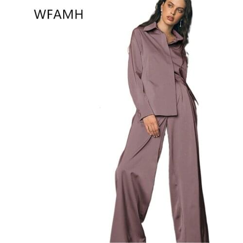 2021 spring new casual female commuter temperament loose shirt was thin high waist wide leg pants two-piece suit Polyester Full