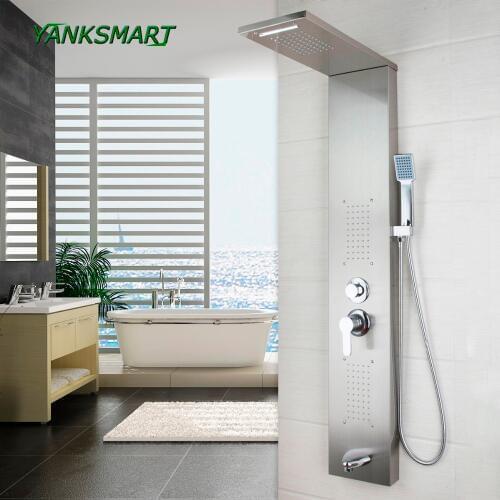 YANKSMART Fashion Luxury Shower Column Panel Screen Hand Shower Massage Jets Brushed Nickle Bathroom Faucet