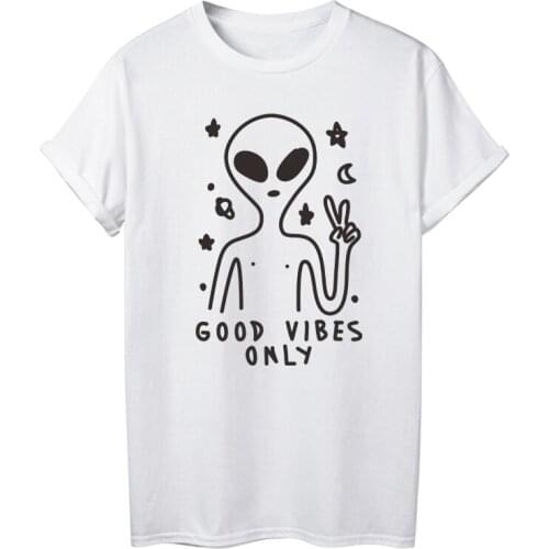 Good vibes only scissors hands Alien Womens Short sleeve 100% Cotton Funny Letter print Graphic O neck Tshirt Drop shipping
