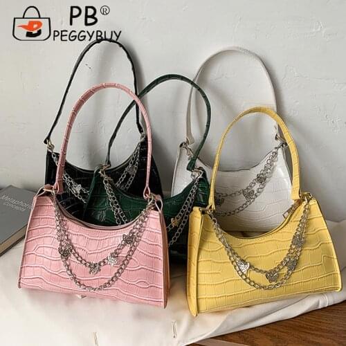 Women Luxury Alligator Pattern Underarm Bag Solid Color Butterfly Chain Shoulder Bag PU Leather Small Shopping Handbags