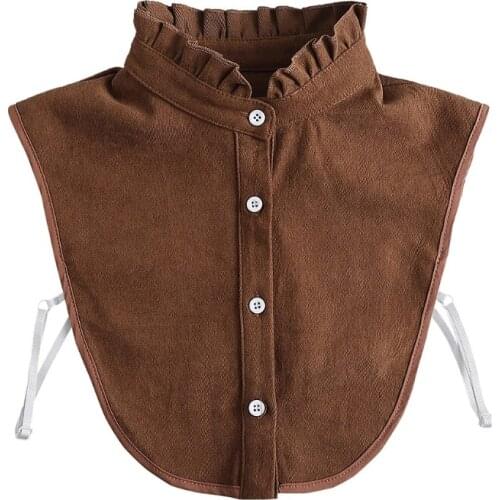 Korean Style Women Ruffled Brown False Collar Detachable Dickey Blouse Vintage Solid Color Lapel Half Shirt Necklace Decorative