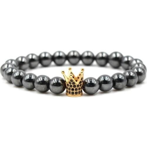 8mm hj4 elastic adjusted nature hematite bead micro pave Crown cz cubic zirconia Bracelet for Women