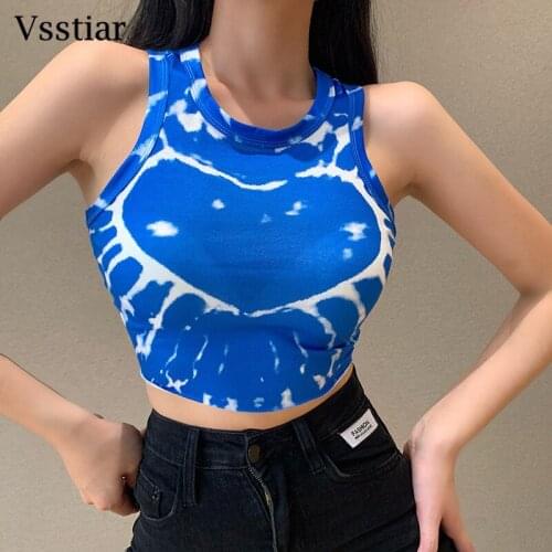 Vsstiar Tie Dye Tank Top Women 2021 Summer Sleeveless Round Neck Ladies Clothes Fashion Sexy Crop Y2K Streetwear LOVE Print Tops