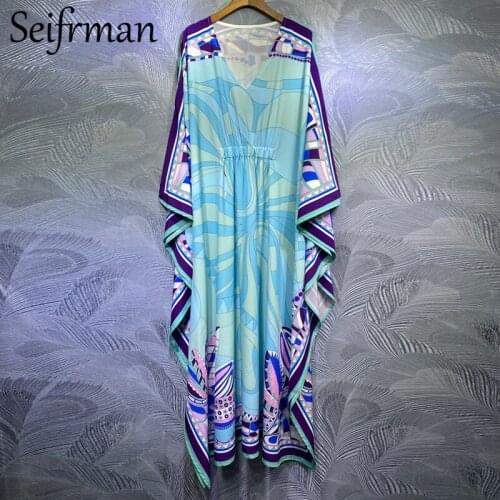 Seifrmann Women Summer Fashion Designer Holiday Long Dress Batwing Sleeve Elastic Waist Printed Ladies Loose Maxi Dresses 2021