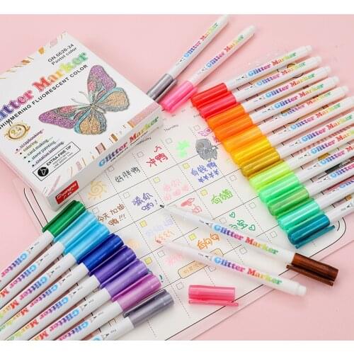 24Pcs Painting Set Glitter Highlighter Markers Pen Pastel Drawing Writing Pen for Student School Office Supplies Cute Stationery