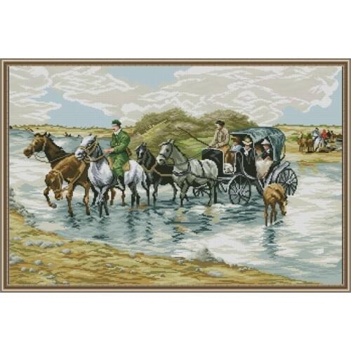 Free delivery Top Quality popular counted cross stitch kit horses cross the river carriage coach wagon