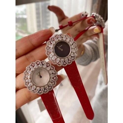 Brand Genuine Leather Watch Luxury Red Limelight Watch 26mm Quartz Flower Wristwatch Clock Women Full Stone Shell Dial Watches